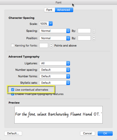 MS Word for Mac Advanced Typography options