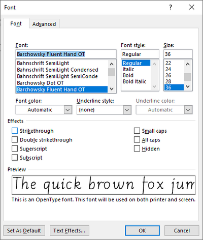 MS Word for Windows font dialog
