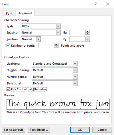 MS Word for Windows advanced font dialog