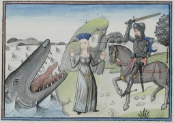 f. 17r monster, maiden, and knight